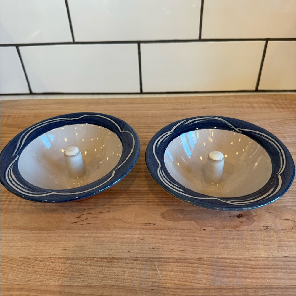 Set of 2 Apple Bakers Blue White Ceramic Wheel Thrown NWOT